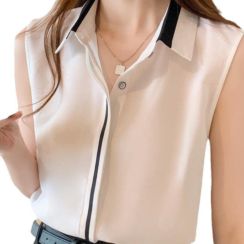 Kontrastfarvet vestskjorte til kvinder - Yderskjorte Ærmeløs chiffon Komfortabel og afslappet top