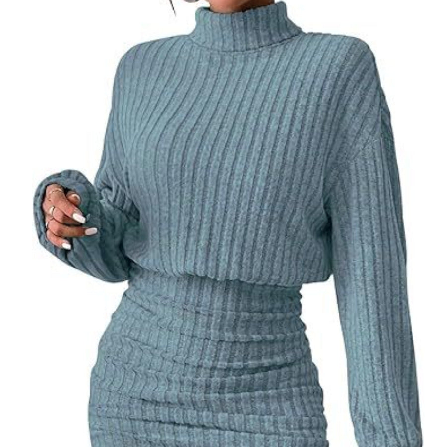 Hug-hem Long-sleeve Turtleneck Skirt Rib-knit Dress