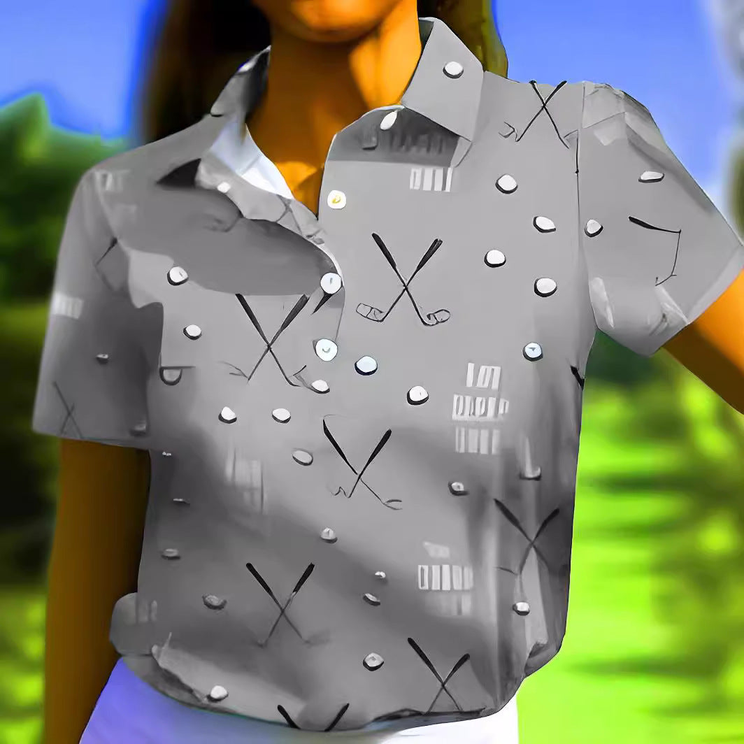 Casual Golf Printed T-shirt Polo Collar Top Women