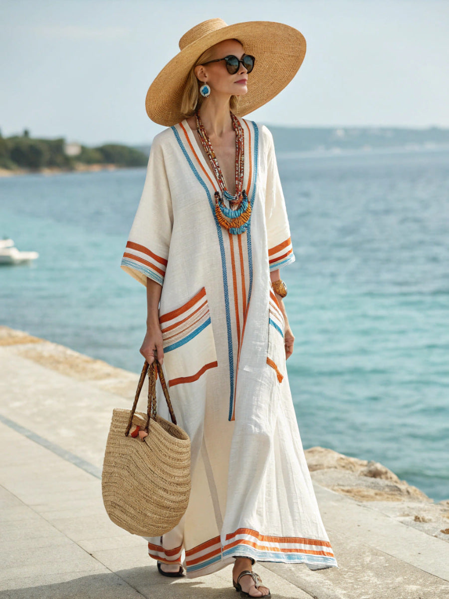 V-neck Short-sleeve Printed Maxi Dress With A Flared Hem