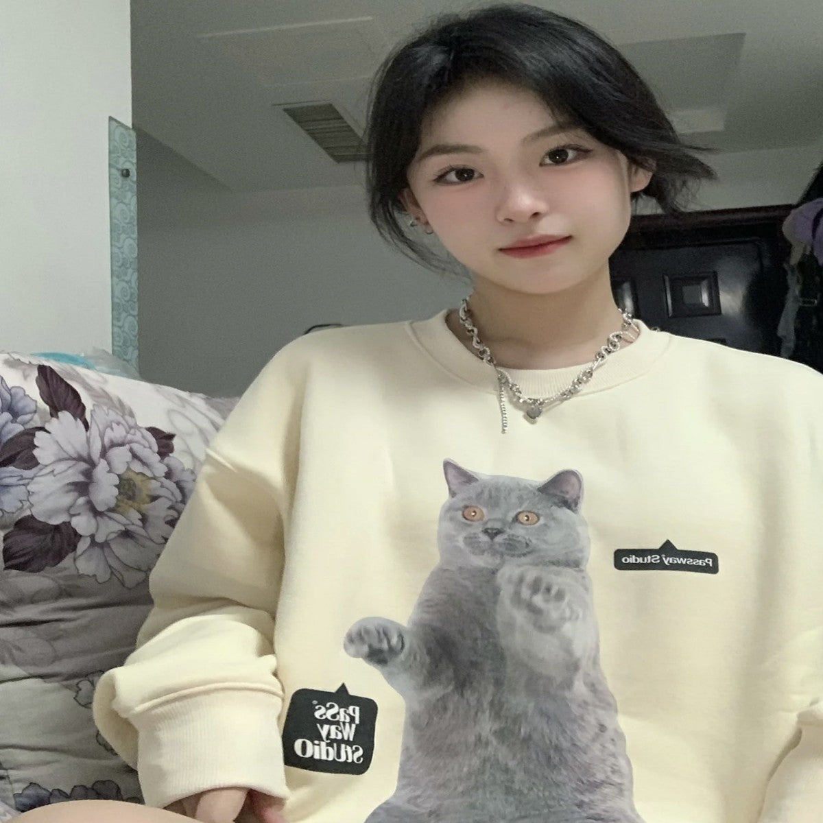 Loose Sweater Women's Round Neck Print Long Sleeves Top