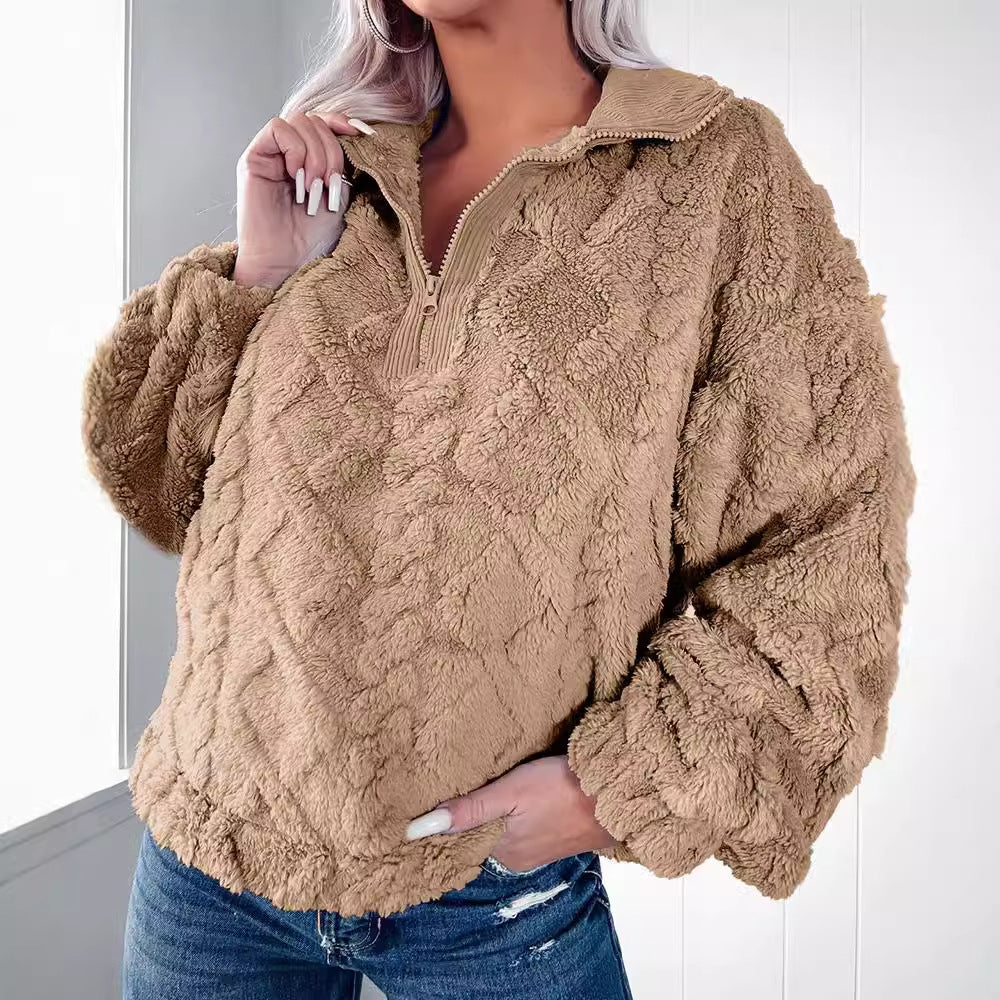 Enkel ensfarvet fleece-sweatshirt med lynlås og opretstående krave