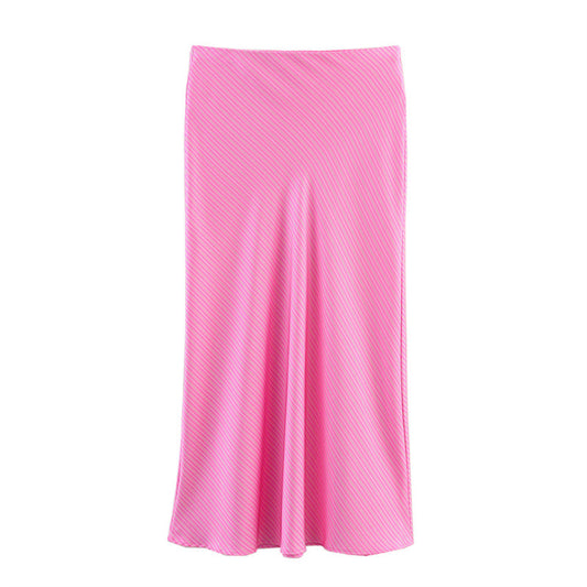 European And American Style Slim Stripe Silk Satin Texture Midi Dress