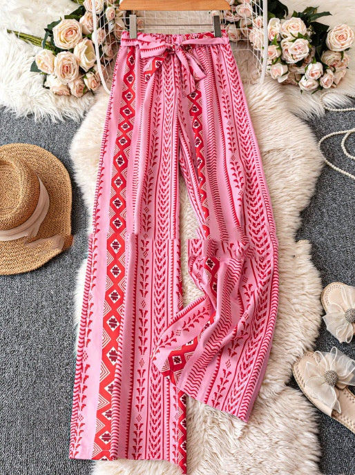 Striped Digital Printing Wide Leg Leisure Slim Fit Tied Cropped Pants