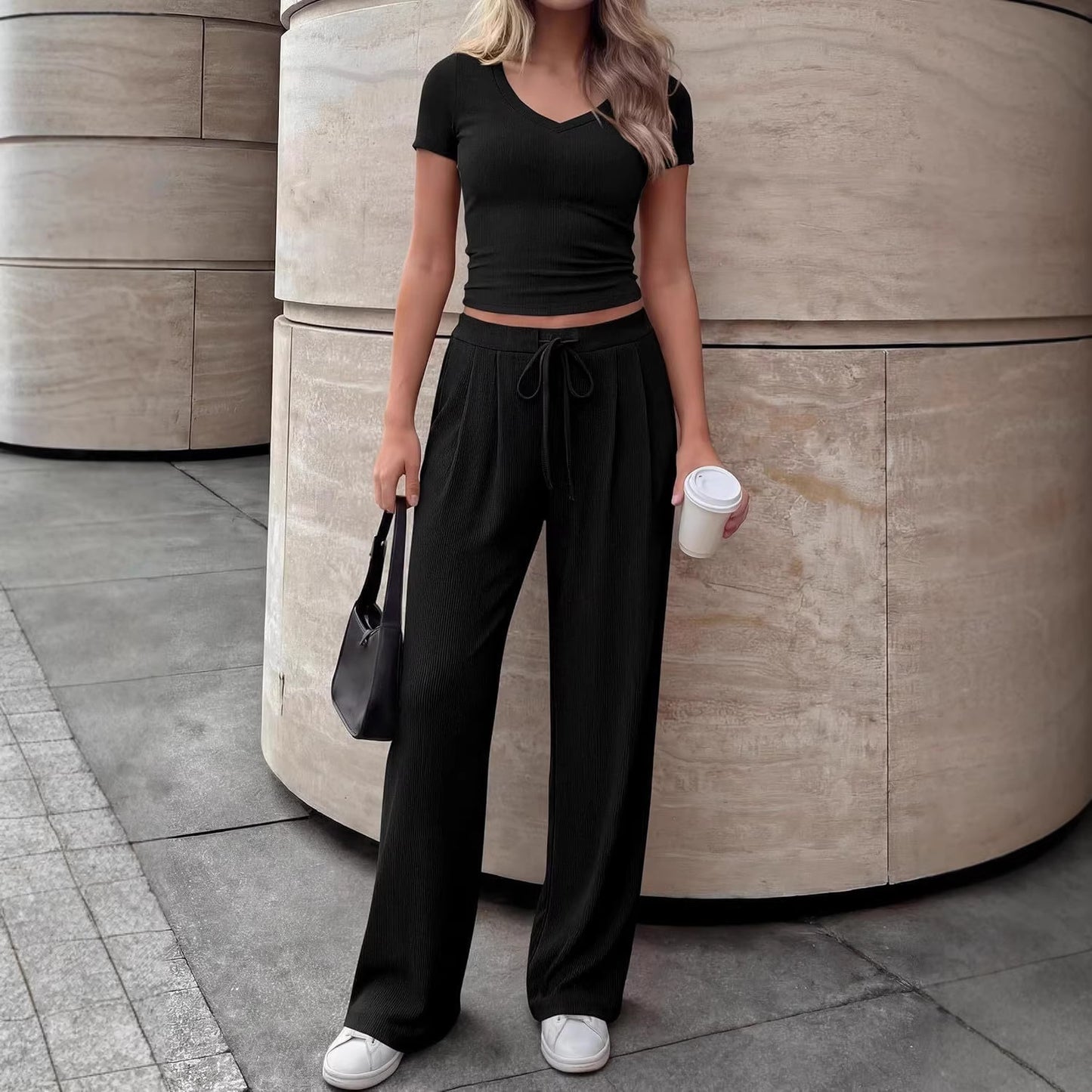 Solid-color Casual Chic V-neck Short-sleeve Top And Wide-leg Pants Set
