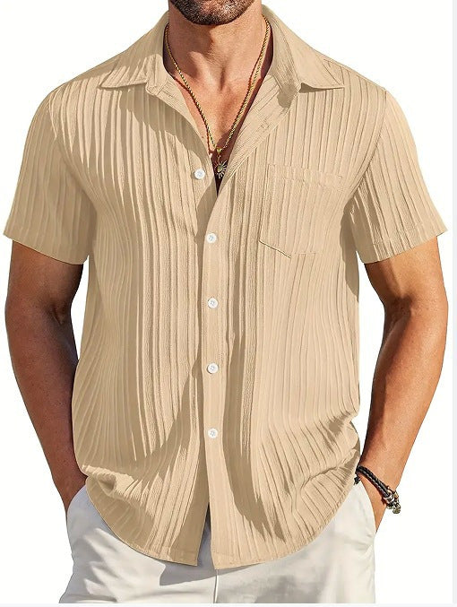 Polo Collar Solid Color Short Sleeve Button Shirt Men's Shirt