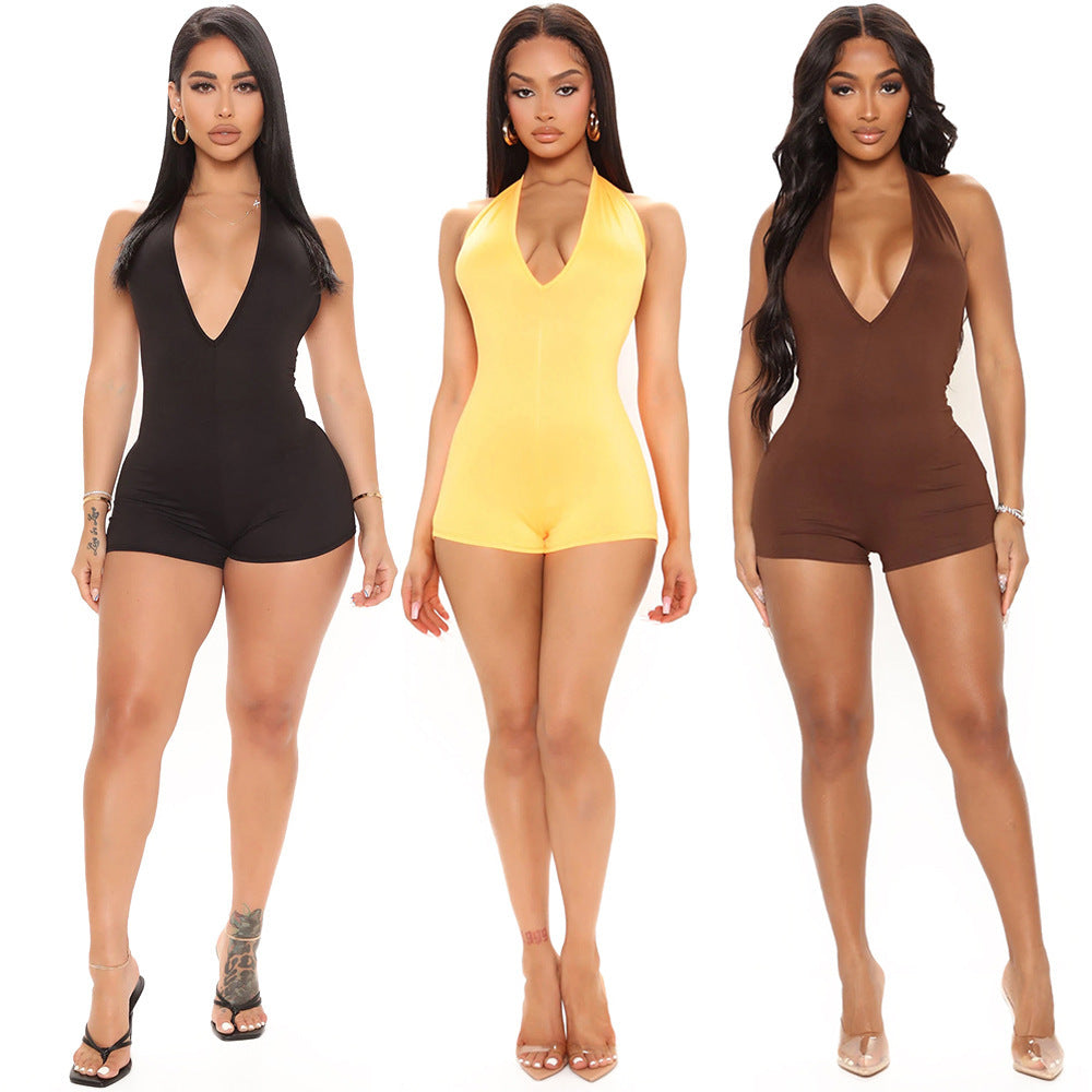 Women's Fashion V-Neck Skinny Halter Backless Jumpsuit