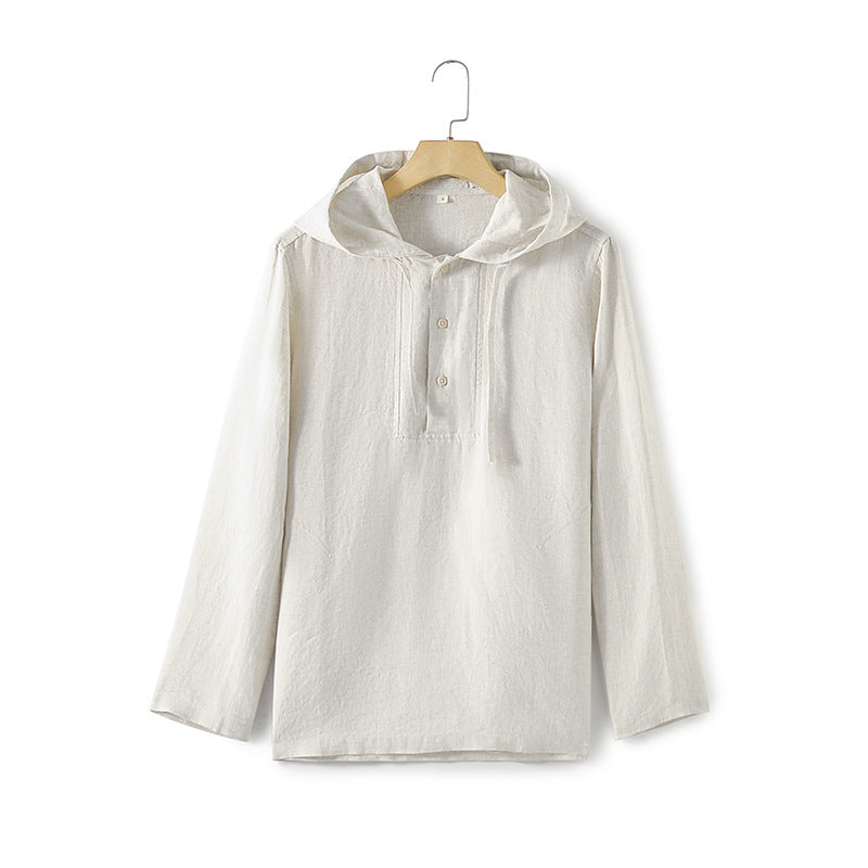 Linen Men's Loose Solid Color Hooded Casual Shirt