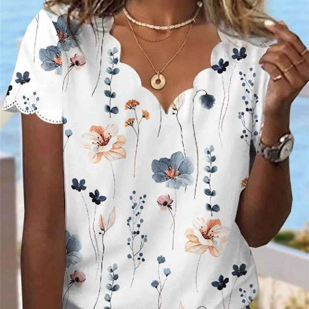 Kvinders Sexede Blomstrede T-shirt med Skalkrave til Sommer