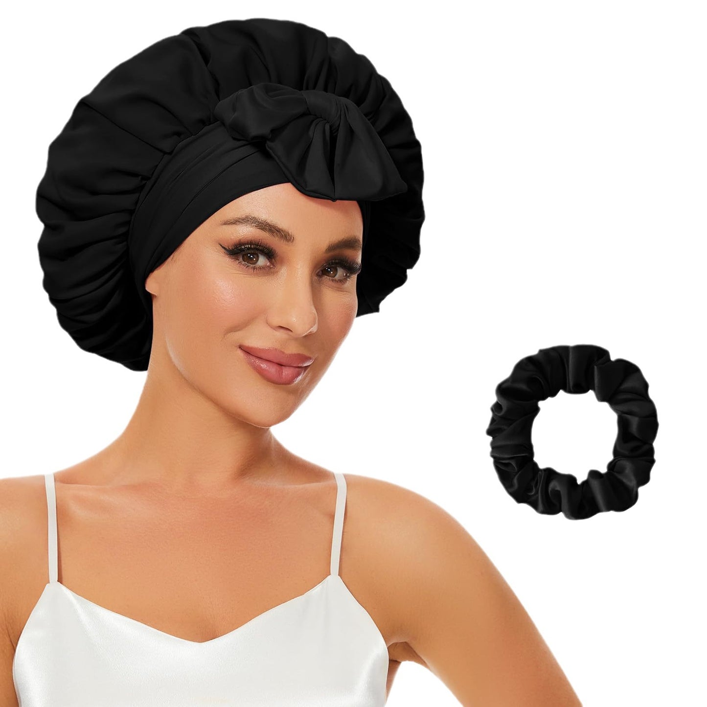 Double-layer Satin Ribbon Round Cap Bow Artificial Silk Beauty Hair Care Wide-brimmed Hat