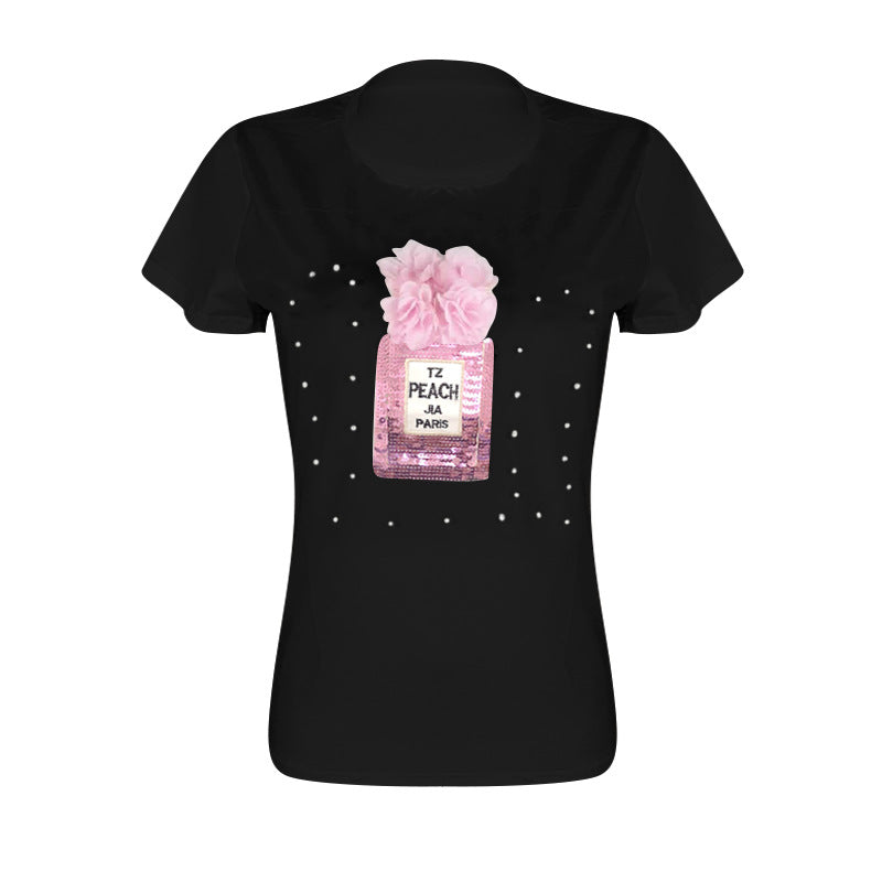 Women's Summer Pearl Sequin Applique T-Shirt Short Sleeve