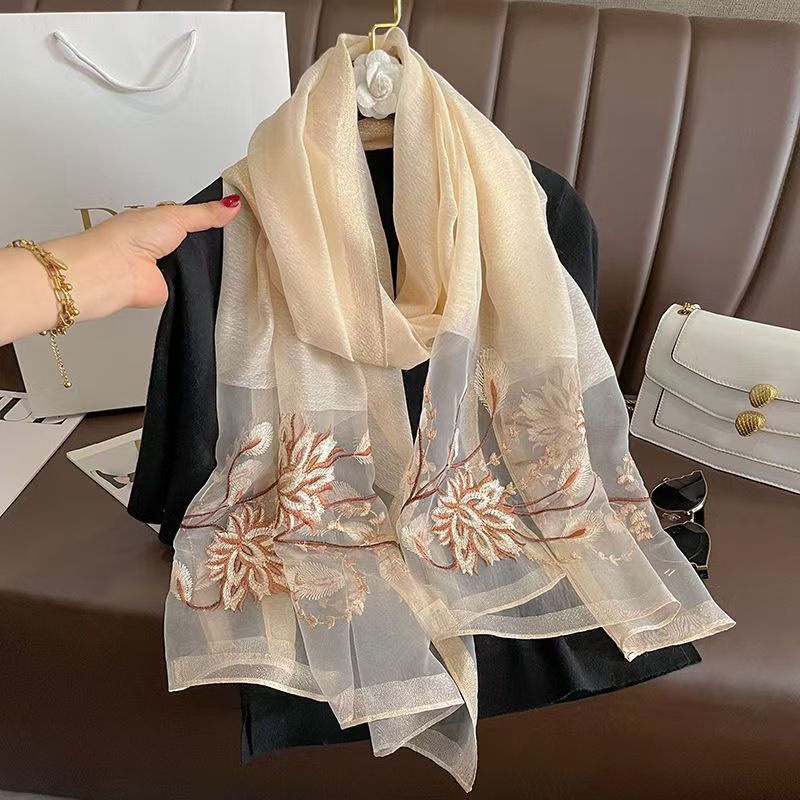 Versatile Embroidered Silk-Feel Thermal Scarf
