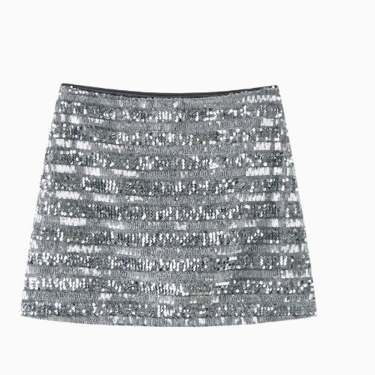 American Design Temperament Hot Girl High Waist Silver Paillette A- Line Skirt