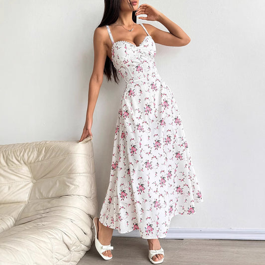 Printed Tube-top Slip Dress With Back-tie Waistband For A Slimming Effect