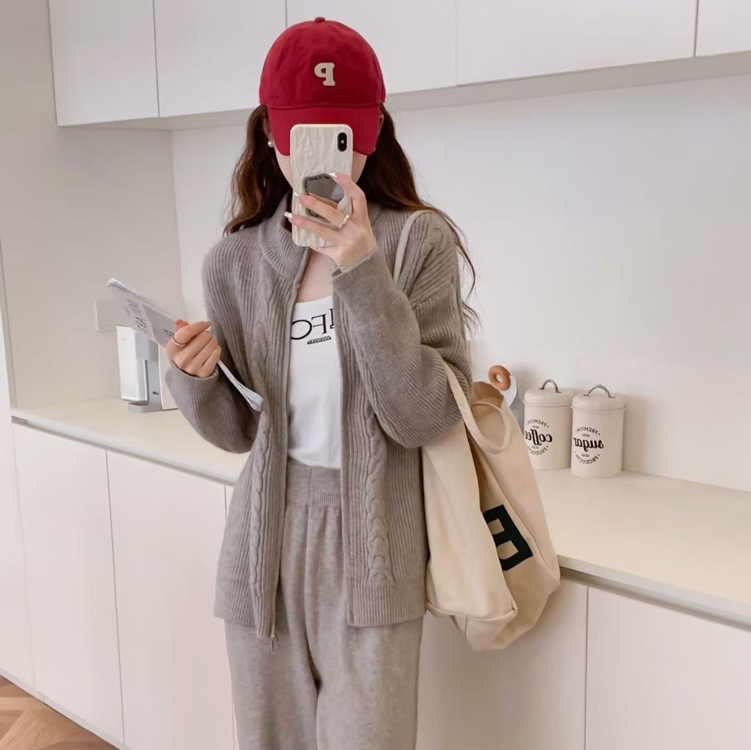 Double Zipper Sweater Set Women's Sweater Cardigan Coat Wide Leg Pants