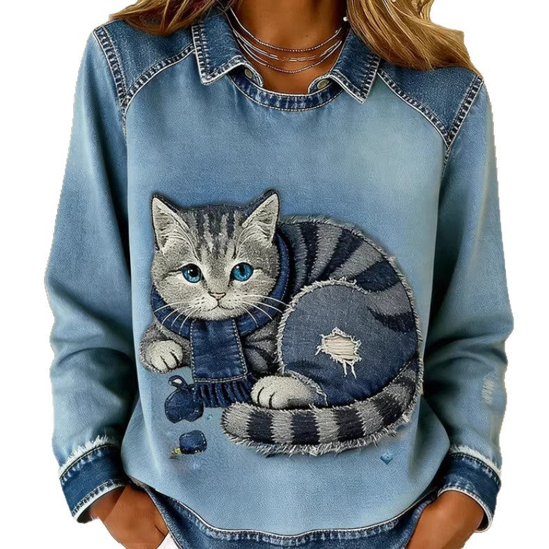 Womens Denim Crew-Neck 3D Digital Print V-Neck T-Shirt