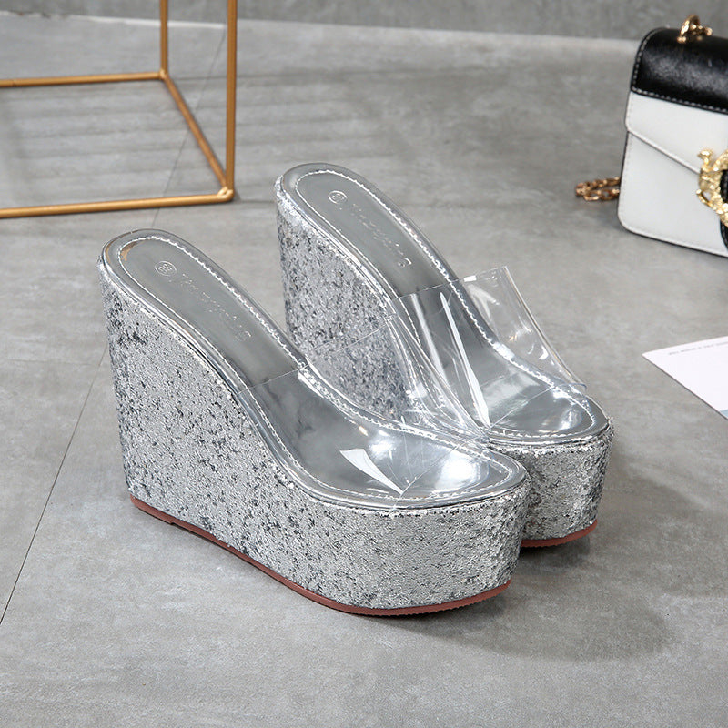 New Simple Casual Sequin High Heel Wedge Platform Platform Muffin Sandals
