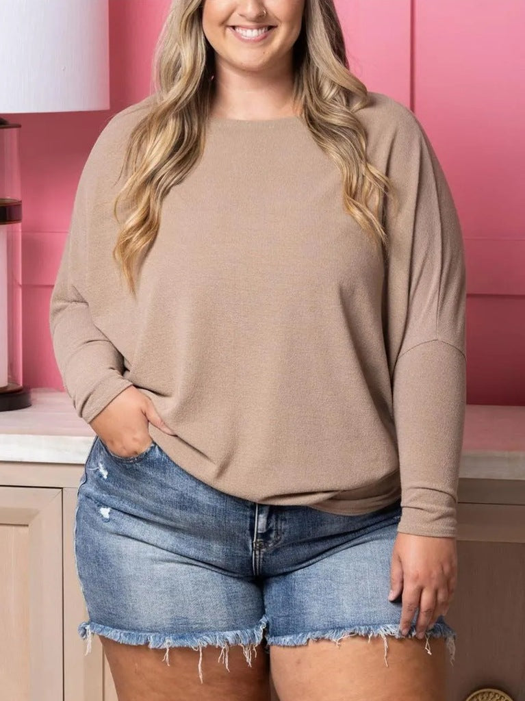 Plus Size Casual Ensfarvet Rundhalset Flagermusærme Høj Elastisk Sweater