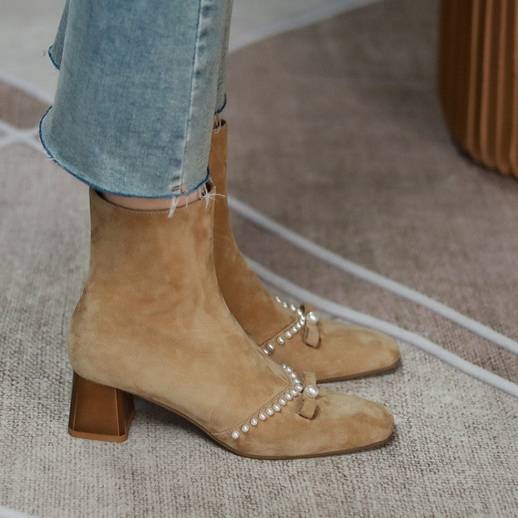 Thick Heel Round Head Pearl Bow Knot Side Zipper Short Boots Mid Heel