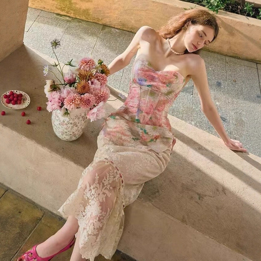 Romantic Oil-Painting Style Lace Figure-Lifting Fishbone Corset And Skirt Set For Summer