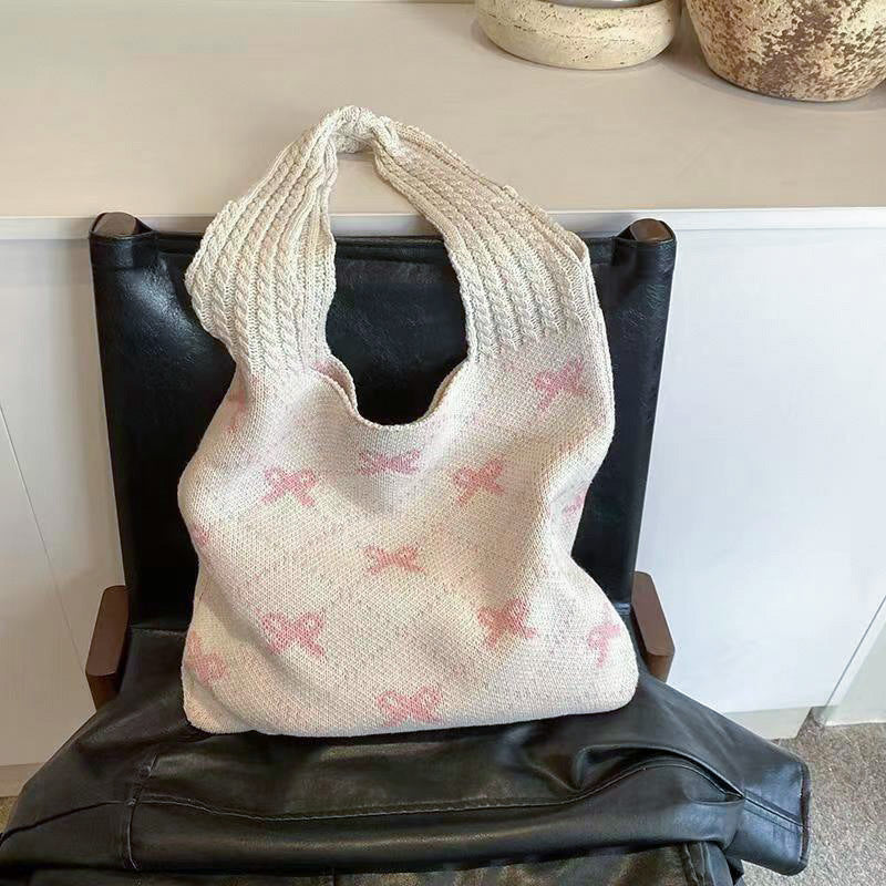 Bow High Sense Light Luxury Minority Shoulder Bag Casual Knitted Woven Bag