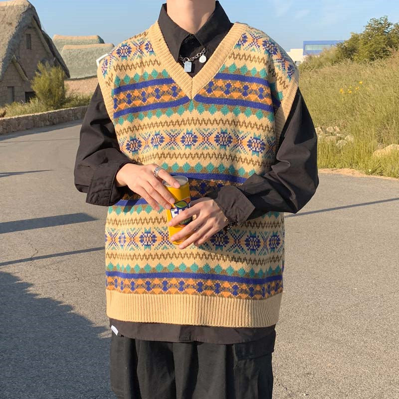 Forår og efterår Japansk Retro Strikket Vest Herre V-hals Sweater