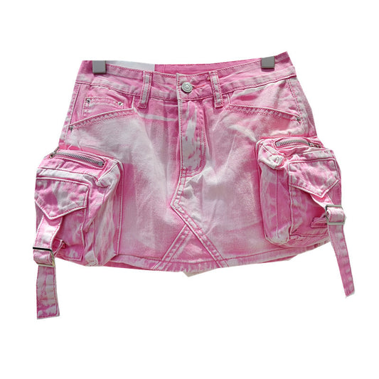 Retro Three-dimensional Workwear With Pocket Denim Skirt