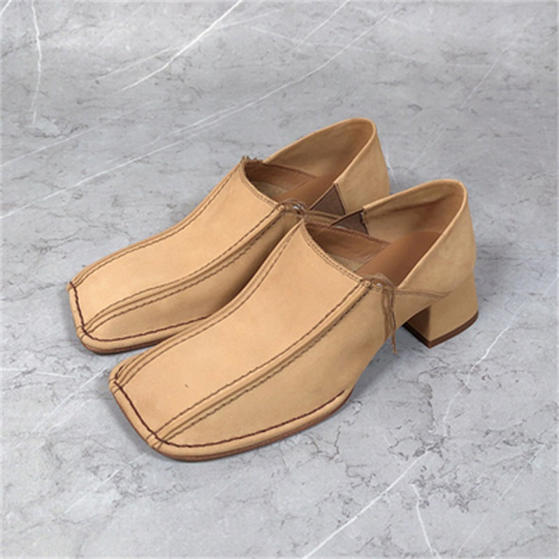 Small New Leather Single Shoes Women's Retro Square Head Thick Middle Heel
