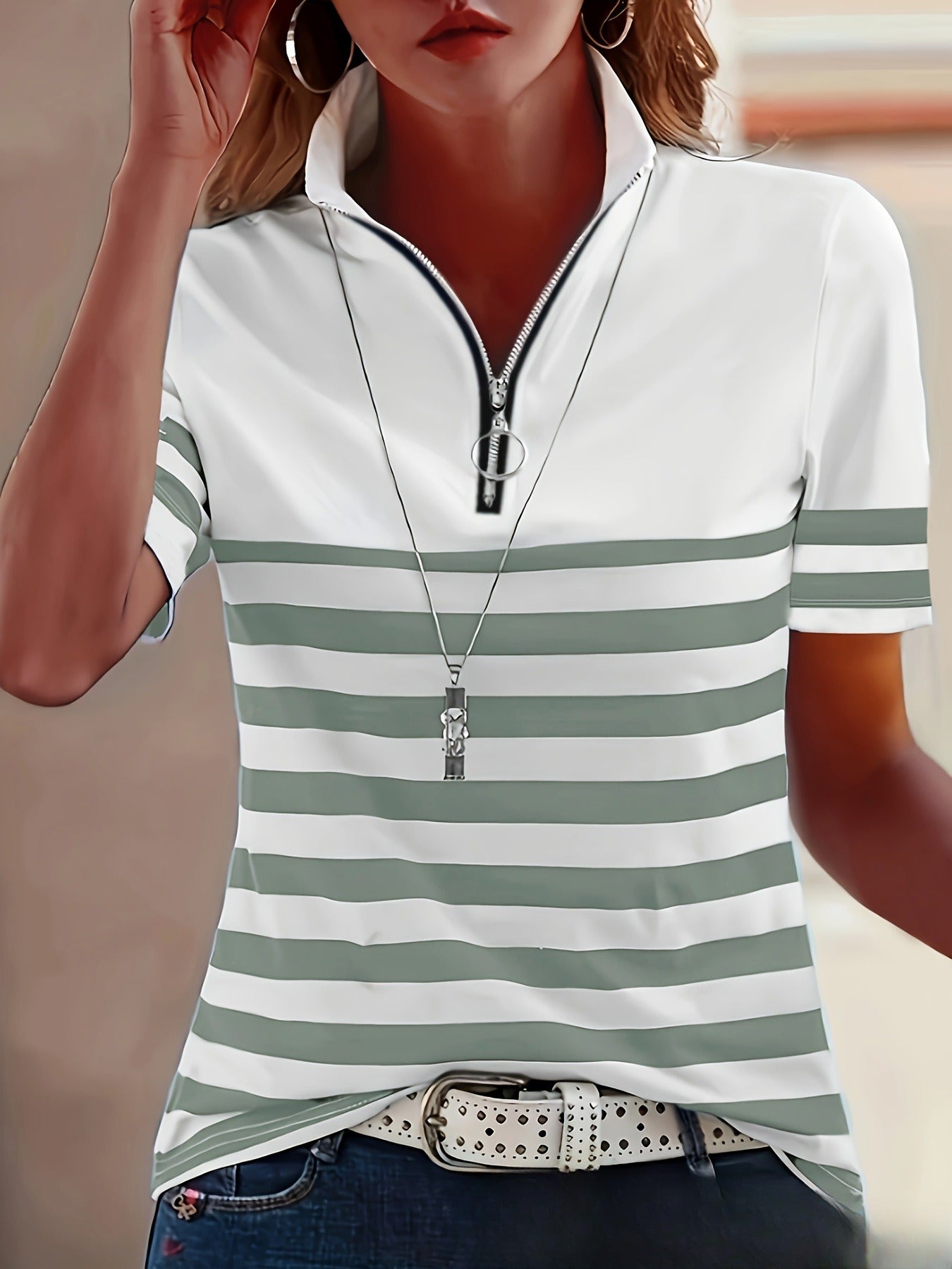 POLO Collar Striped Women's Short-sleeved Lapel Zipper Top T-shirt