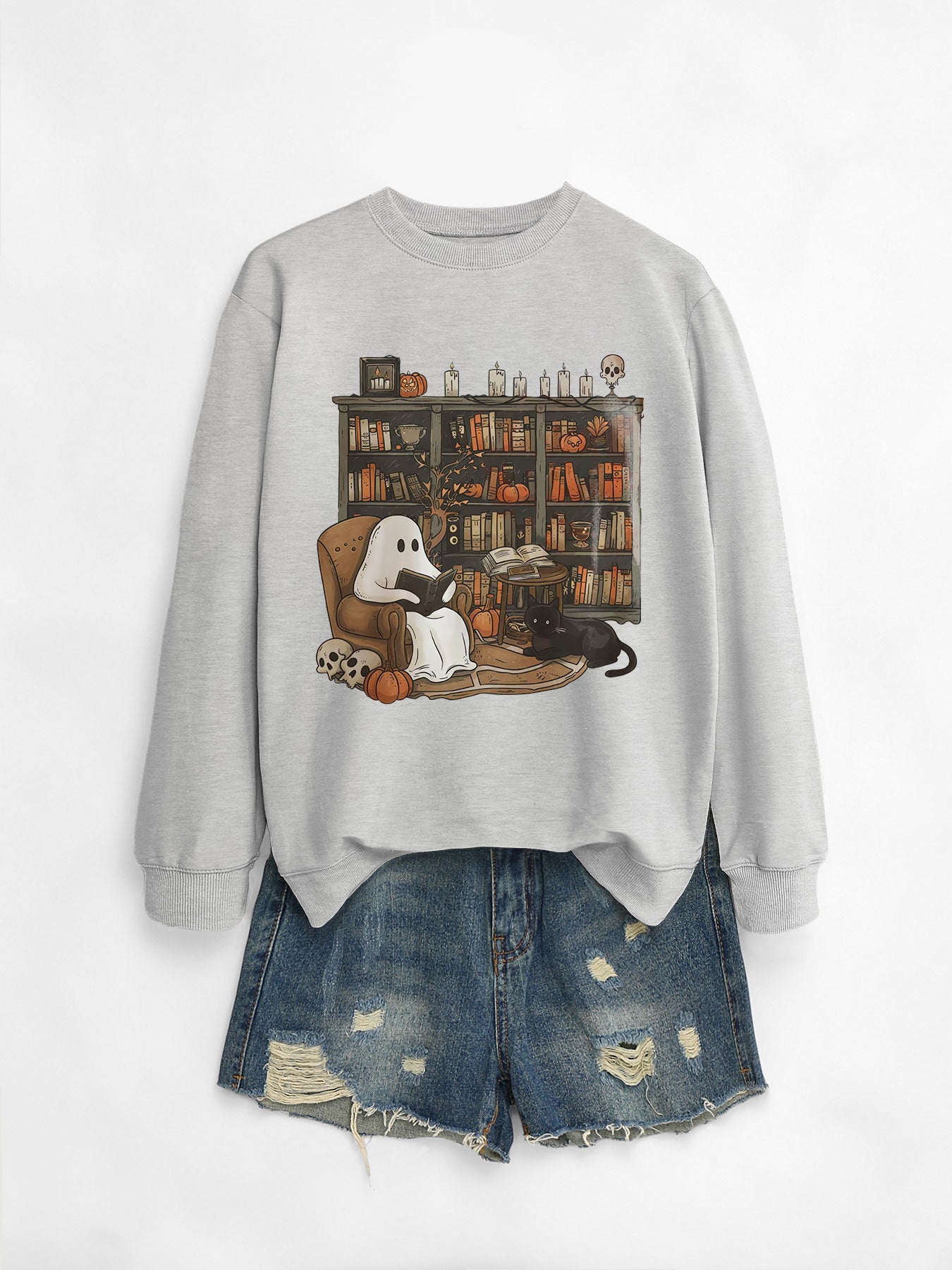 Printed Bookshelf Ghost Black Cat Round Neck Sweater
