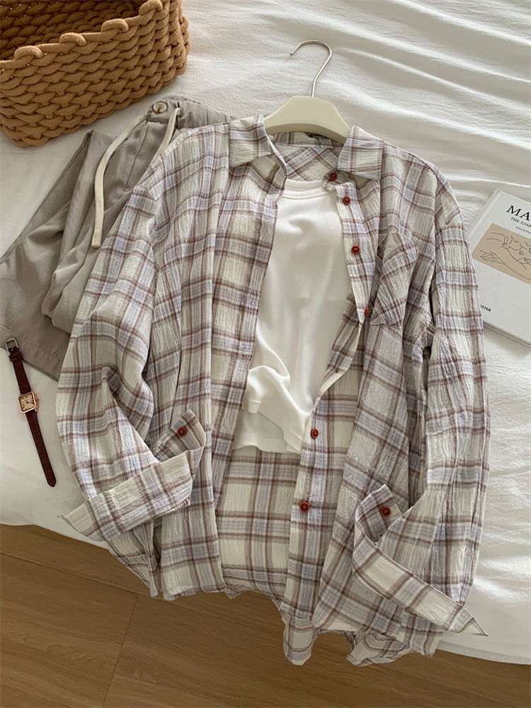 Women's Art Retro Washed Cotton Yarn Checkered Shirt