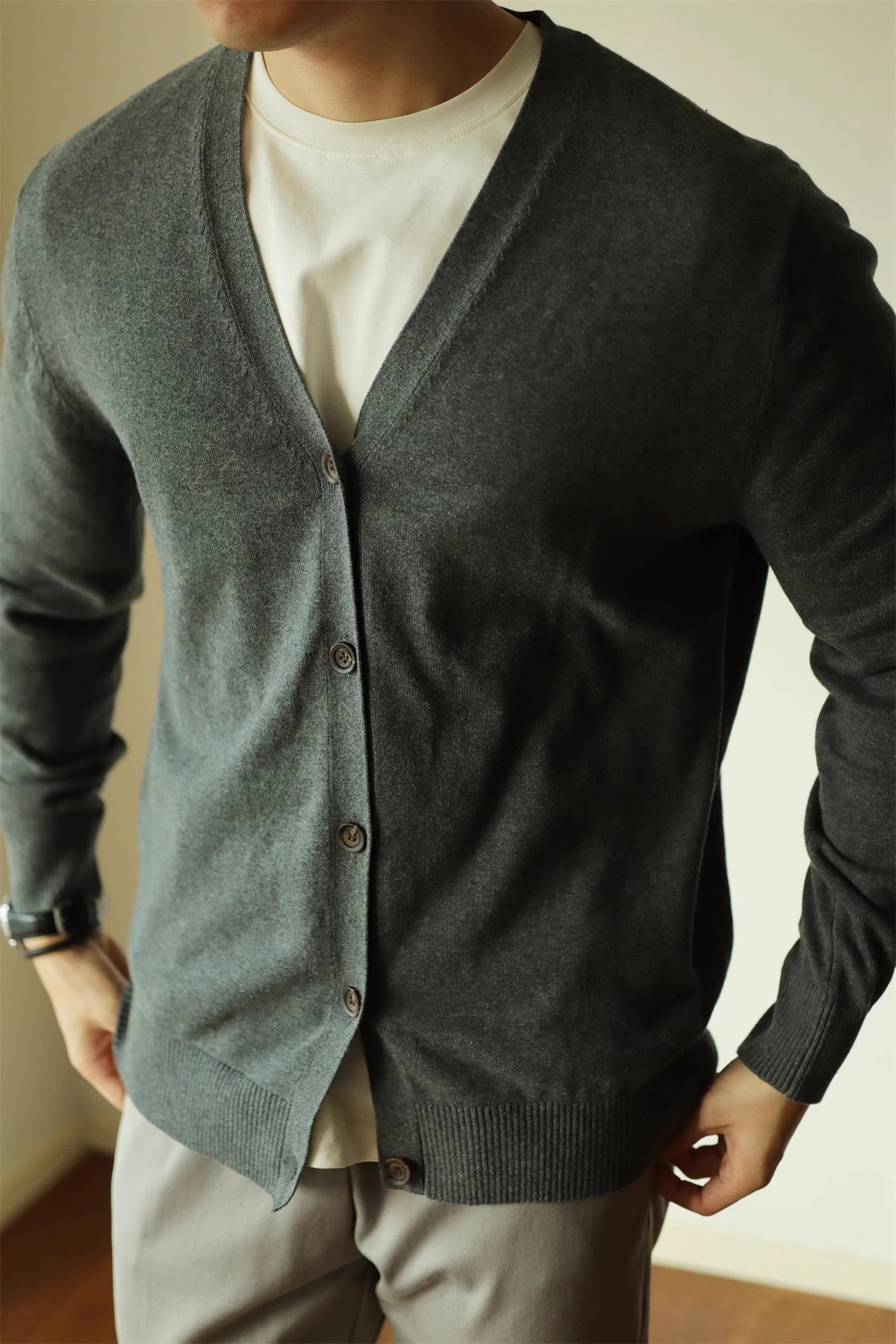 Knit Cardigan Coat Slim-fit Long Sleeve Solid Color And V-neck 100 Cotton