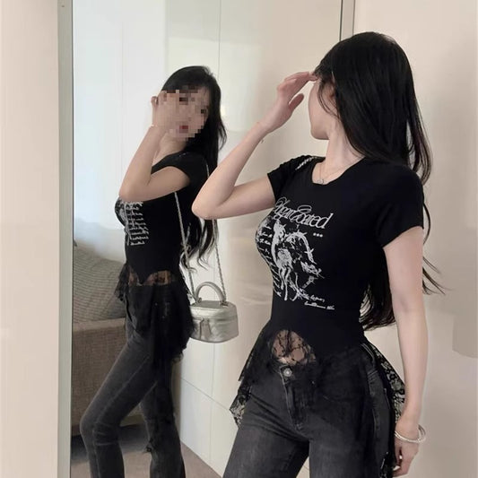 Lace-Panel American Chic Short-Sleeve Womens T-Shirt
