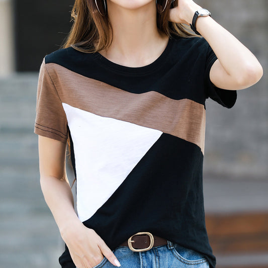 Loose Half-sleeve Base Contrast Color Casual Top Clothes