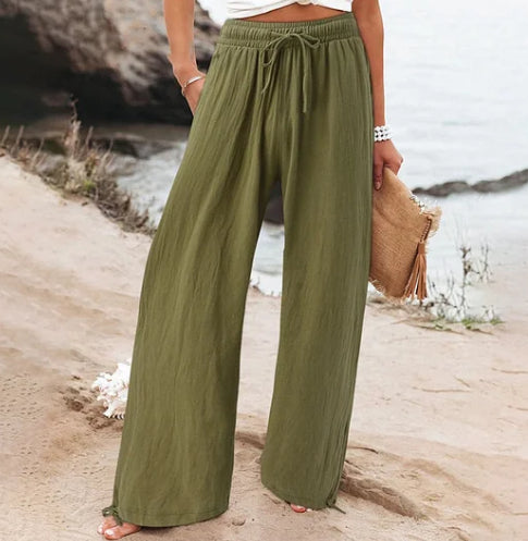 Women'S Cotton & Linen Solid Color Wide Leg Casual Pants With Pockets