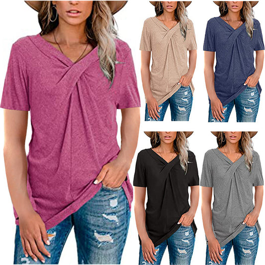Women's V Neck Short Sleeved Neckline Kink Casual T Shirt