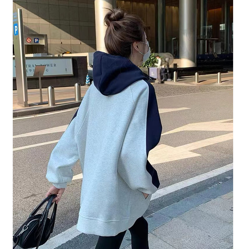 Retro Hooded Contrast Color Sweatshirt Women's Baggy Coat