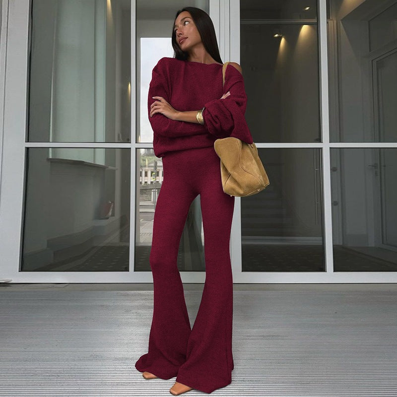 Instagram-style Off-shoulder Long-sleeve High-waist Flared Pants Fashionable Women's Suit