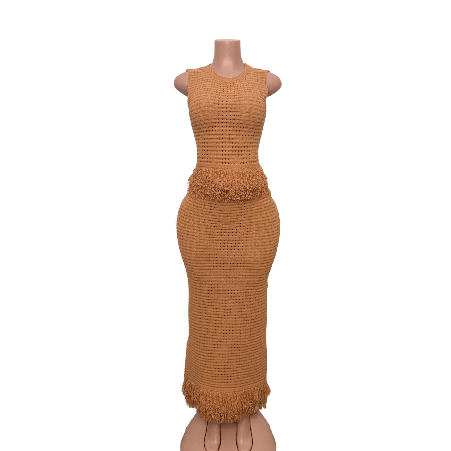 Hollow-out Fringe Sleeveless High-neck Top With Bodycon Long Skirt Two-piece Set