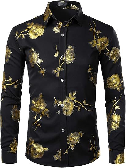 Golden Rose Print Slim Fit Long Sleeve Formal Wear Shirt