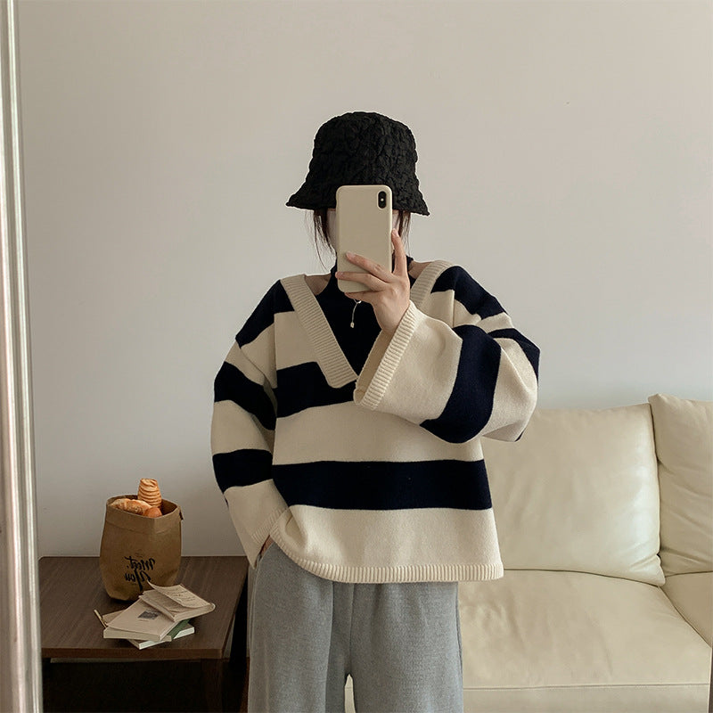 Korean Style False Two-piece Halter Off-the-shoulder Loose Striped Sweater