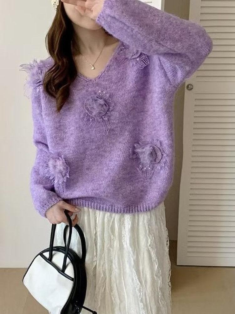 Gentle Style 3D Floral V-neck Sweet Age-reducing Sweater