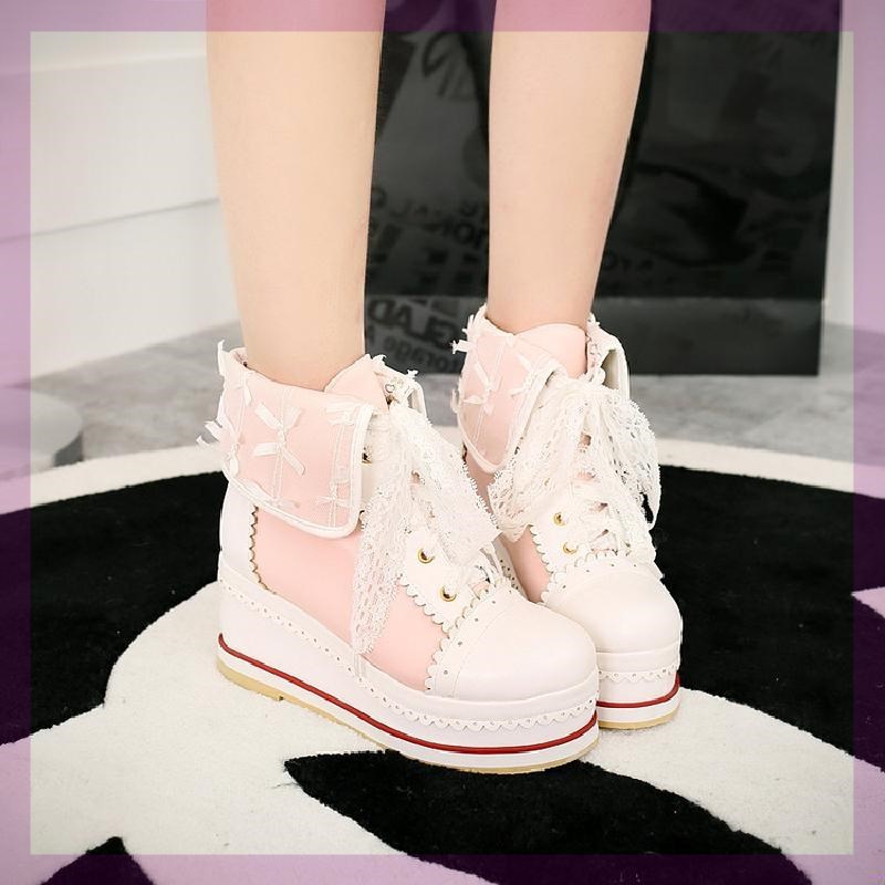 Foot Curb Lace Lace-up Color Block Wedge Platform Ankle Boots