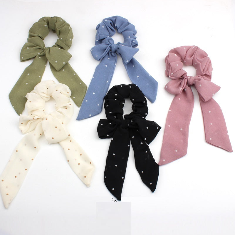match And Cute Bow Ribbon Small Polka Dot Chiffon Ponytail Released Circle Head Accessories