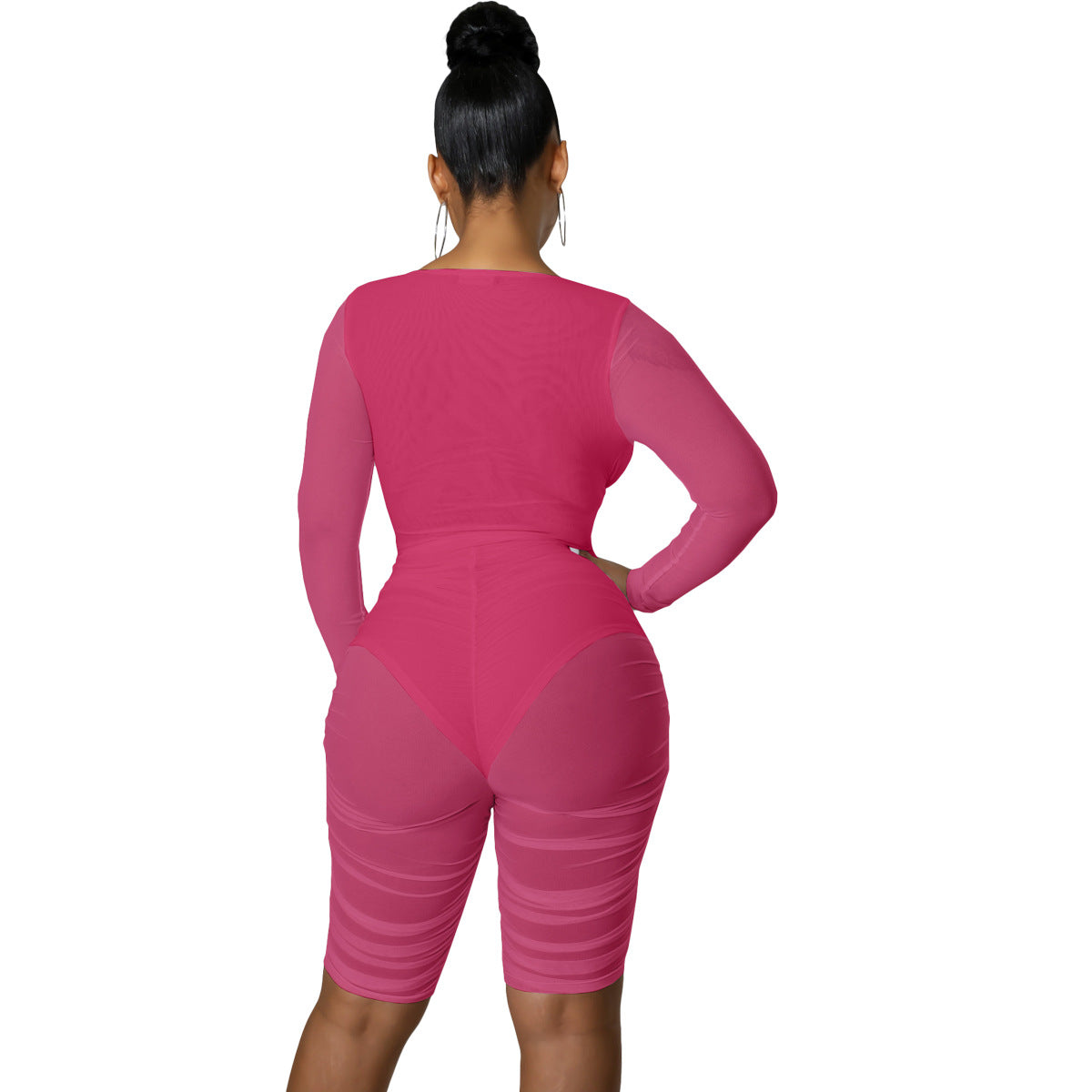 Mesh Panel Pleated Chest Wrap Casual Jumpsuit