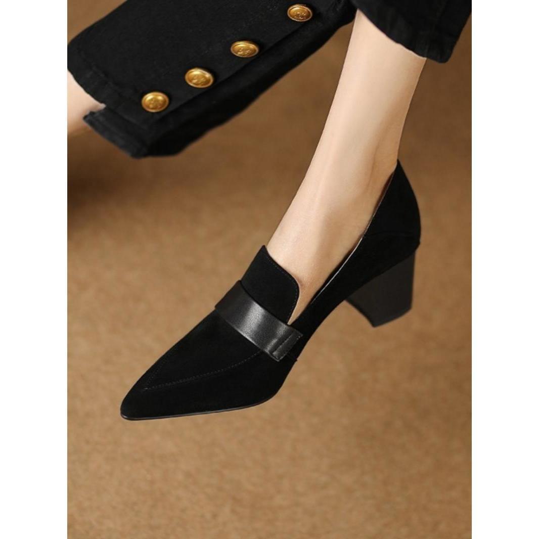 Womens Pointed-toe Loafers Chunky-heel High Heels Work Shoes