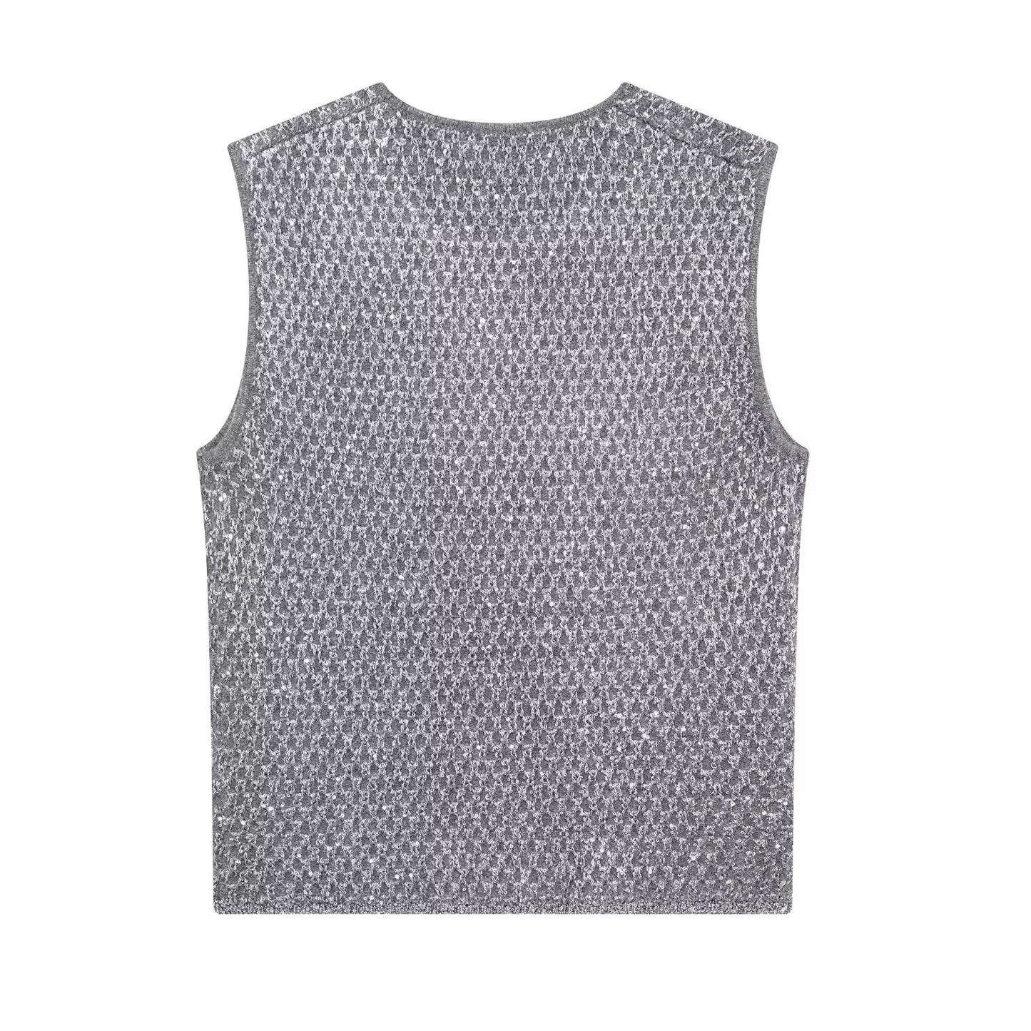 European And American Women's Beads Decoration Metallic Yarn Knitted Top