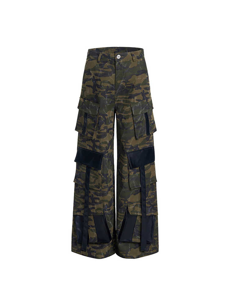 Retro Street Camouflage Slacks Leather Patchwork Multi-pocket