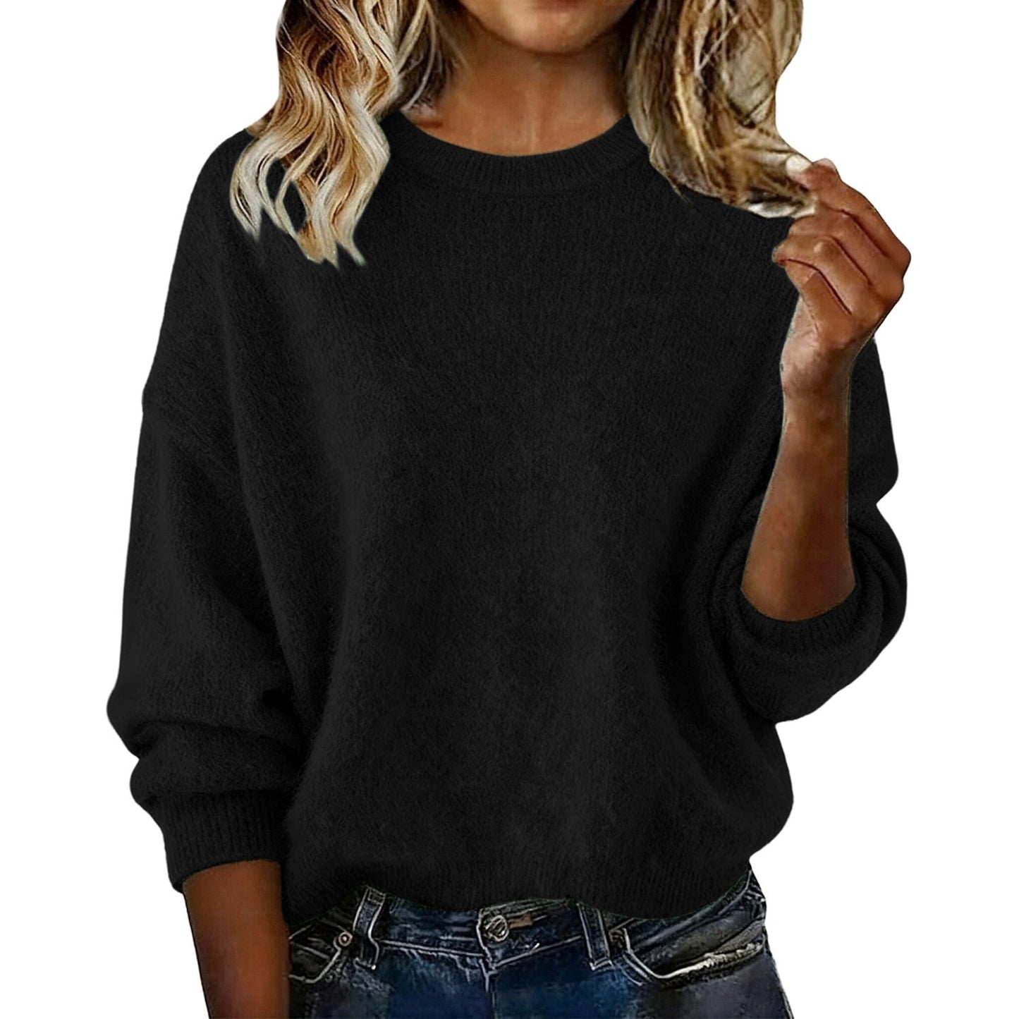 Fashionable Crew-neck Solid-color Sweater