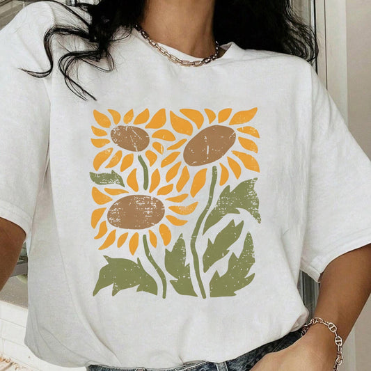 Dame T-shirt med solsikkeprint og rund hals